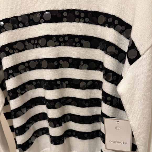 Calligraphie Elegant White Sweater with Black Lace, embellished Stripes. SzL NWT - Picture 4 of 10